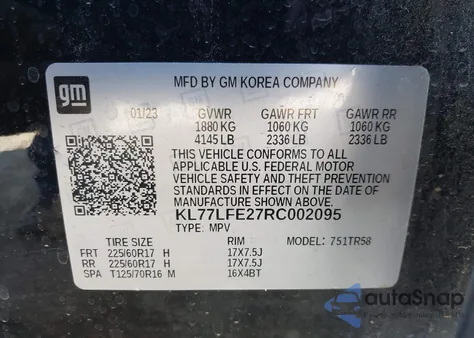 2024 Chevrolet Trax Fwd Sp z USA, uszkodzony, nr VIN KL77LFE27RC002095